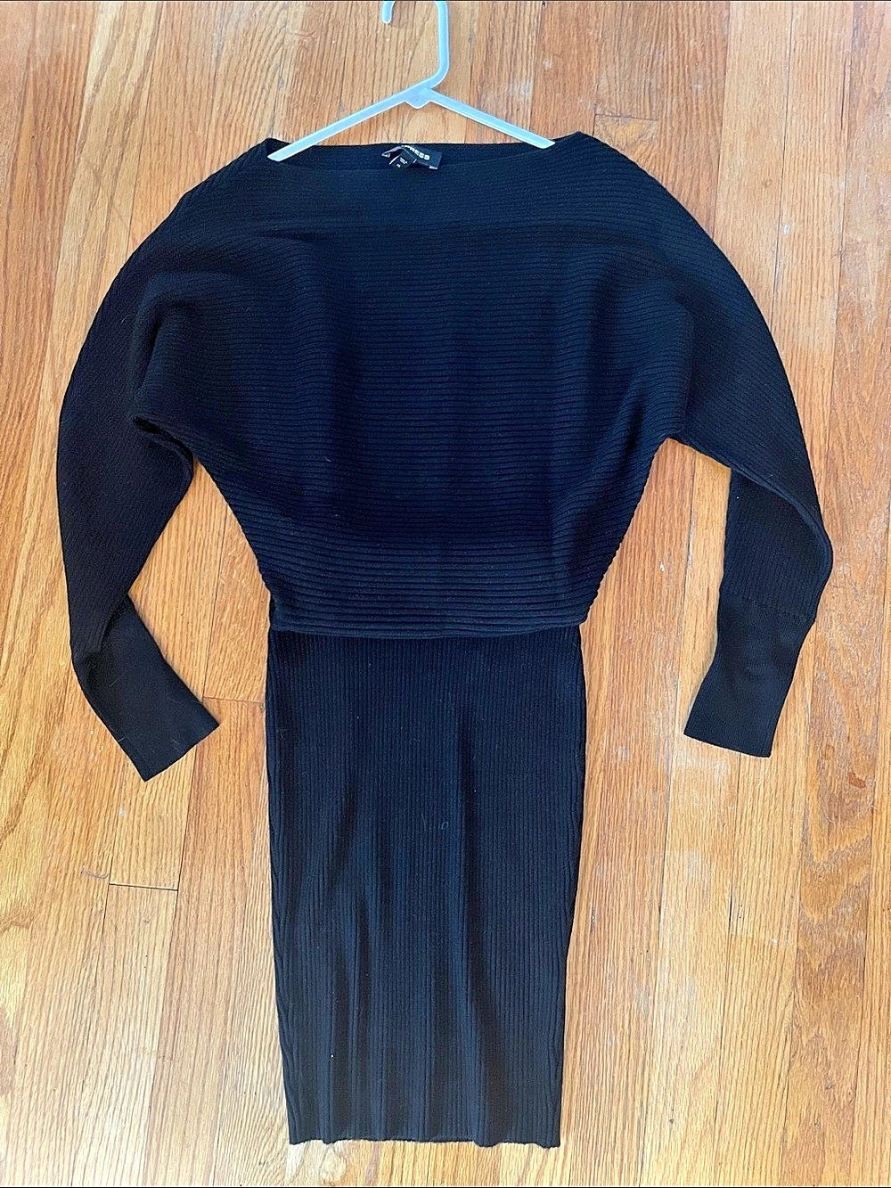 Express Boat Neck Dolman Sleeve Ribbed Waist Midi Sweater Dress Black XS